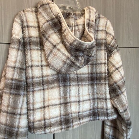 Aeropostale Plaid Pullover Hoodie Sherpa-Style Zip Front Cream Brown Medium - Picture 5 of 7